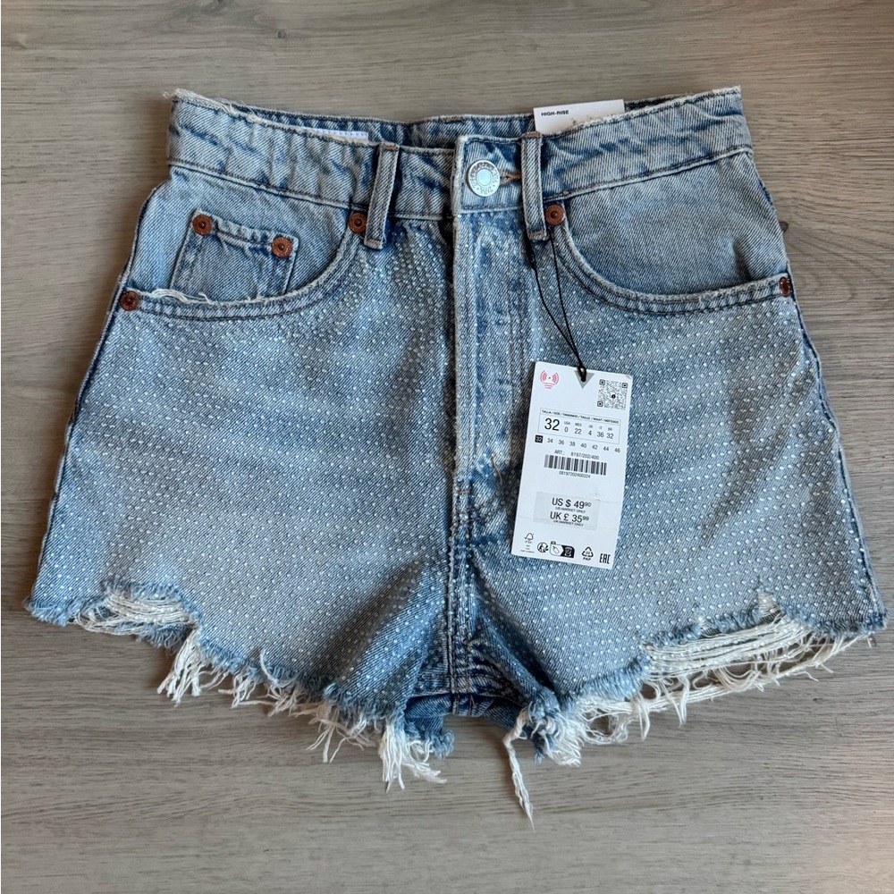 NWT Zara Rhinestone High Waist Cutoff Ripped Denim Women's Shorts Size US 0
